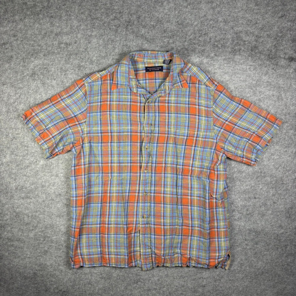 Roundtree & Yorke Mens Large Linen Blend Plaid Short‎ Sleeve Button Down Shirt